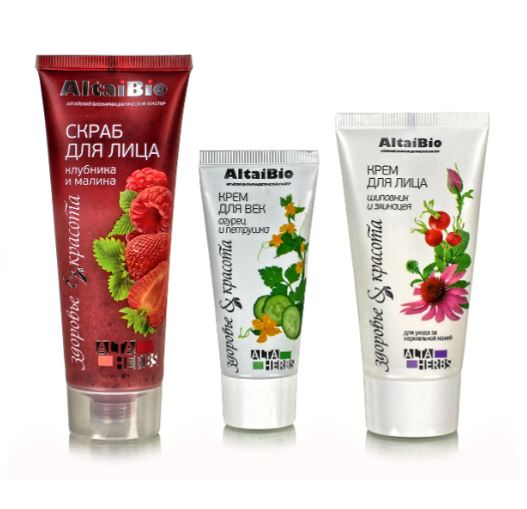 Набор для лица "Основной уход" (крем/норм.кожи + скраб/лица Клубника-малина + крем-гель/век) "AltaiB